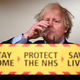 Boris Johnson drinking beverage over sign that reads "Stay Home, Save Lives"